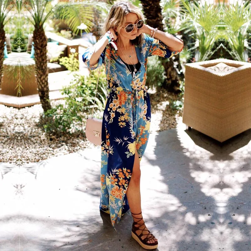 Baratos Vestido de playa con estampado de rayón para niñas Vestidos de verano 2019 de manga larga holgados para mujer