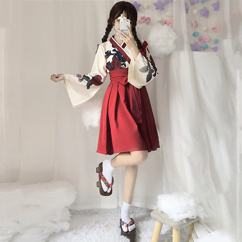 Red Top Short Skirts Кимоно в японском стиле для женщин, Taisho Girl Haori, модный топ с цветочным принтом и юбки, наряды, азиатская одежда, Camellia love - Цвет: Red Top Short Skirts