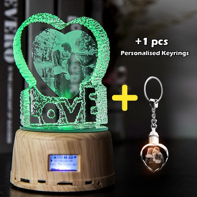 Personalized Photo LED Night Light Wood Base Crystal Photo MP3 Music Swivel Display Bluetooth Lamp RGB Remote Control For gift with 1pcs keyrings