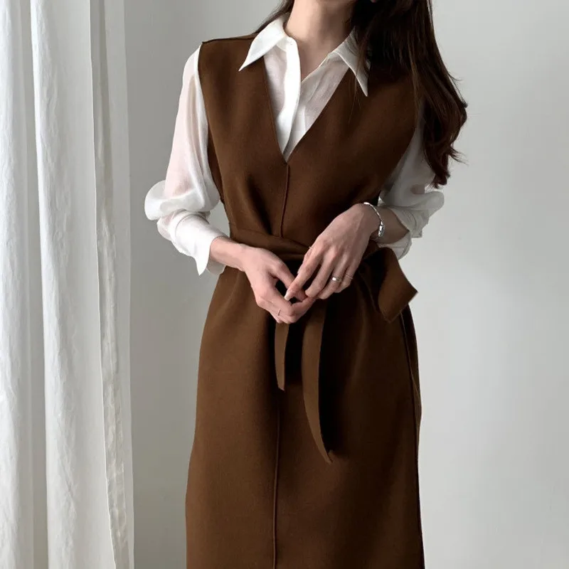 brown dress women RICININA, корейское женское платье, элегантное,, v-образный вырез, без рукавов, с поясом, с разрезом, одноцветное, офисное платье для женщин, весна-зима, платья для девушек - Цвет: brown dress women