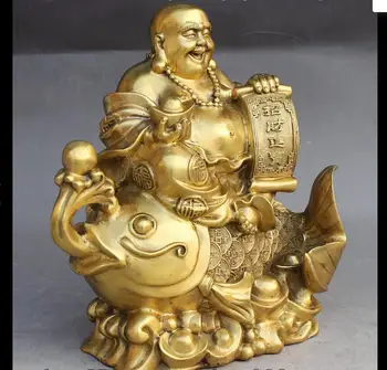 

zhmui88002842353++12" Chinese Buddhism Brass Happy Laugh Maitreya Buddha Fish Fu Money Statue