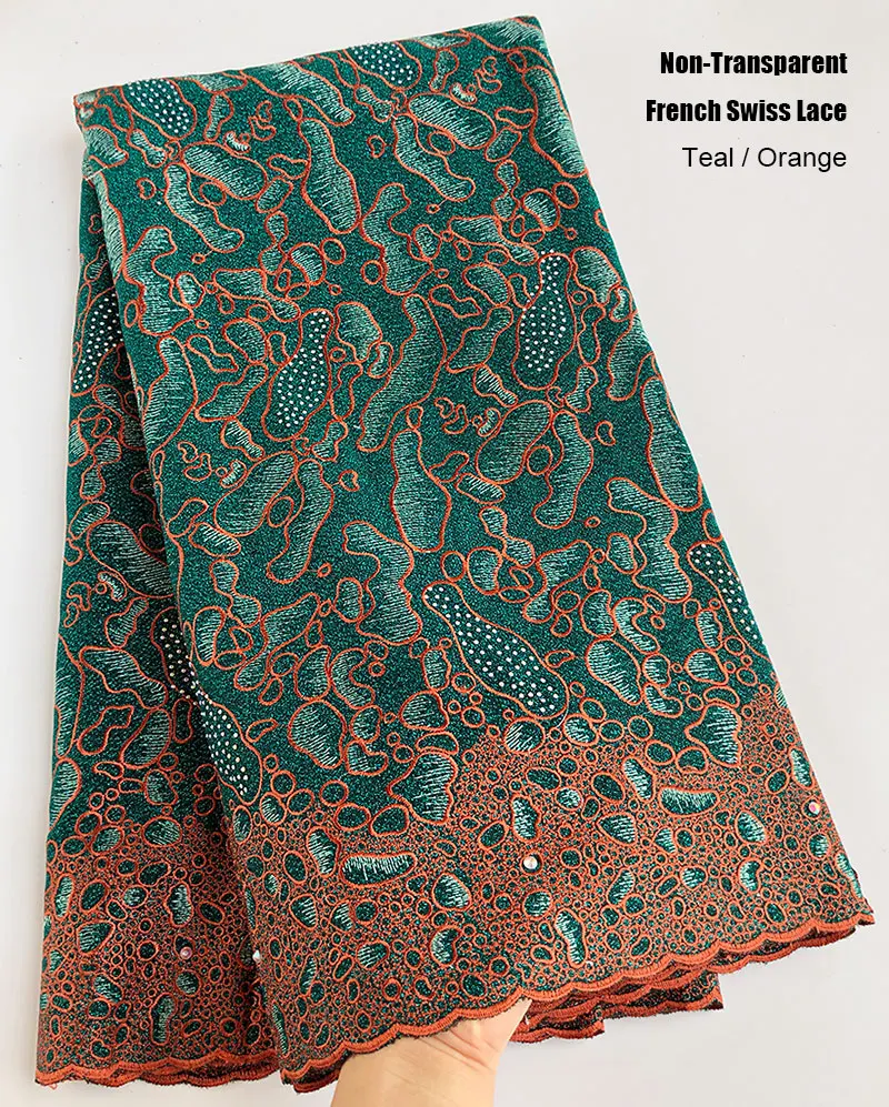 Teal Orange double embroidery french lace mix African Swiss voile lace Non Transparent Couple Fabric 5 yards traditional clothes