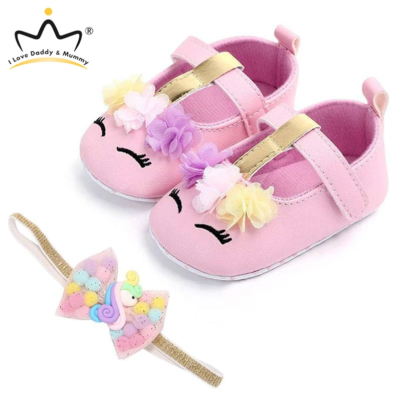 Conjunto de zapatos y tiara para bebé, bonitos zapatos de unicornio para niña, suela suave, antideslizantes, primeros pasos