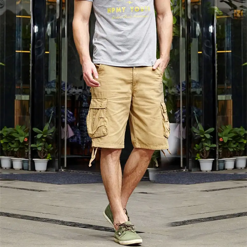 2020 Summer Men's Baggy Multi Pocket Military Cargo Shorts Male Cotton Khaki Mens Tactical Shorts Short Pants 29-44 No Belt