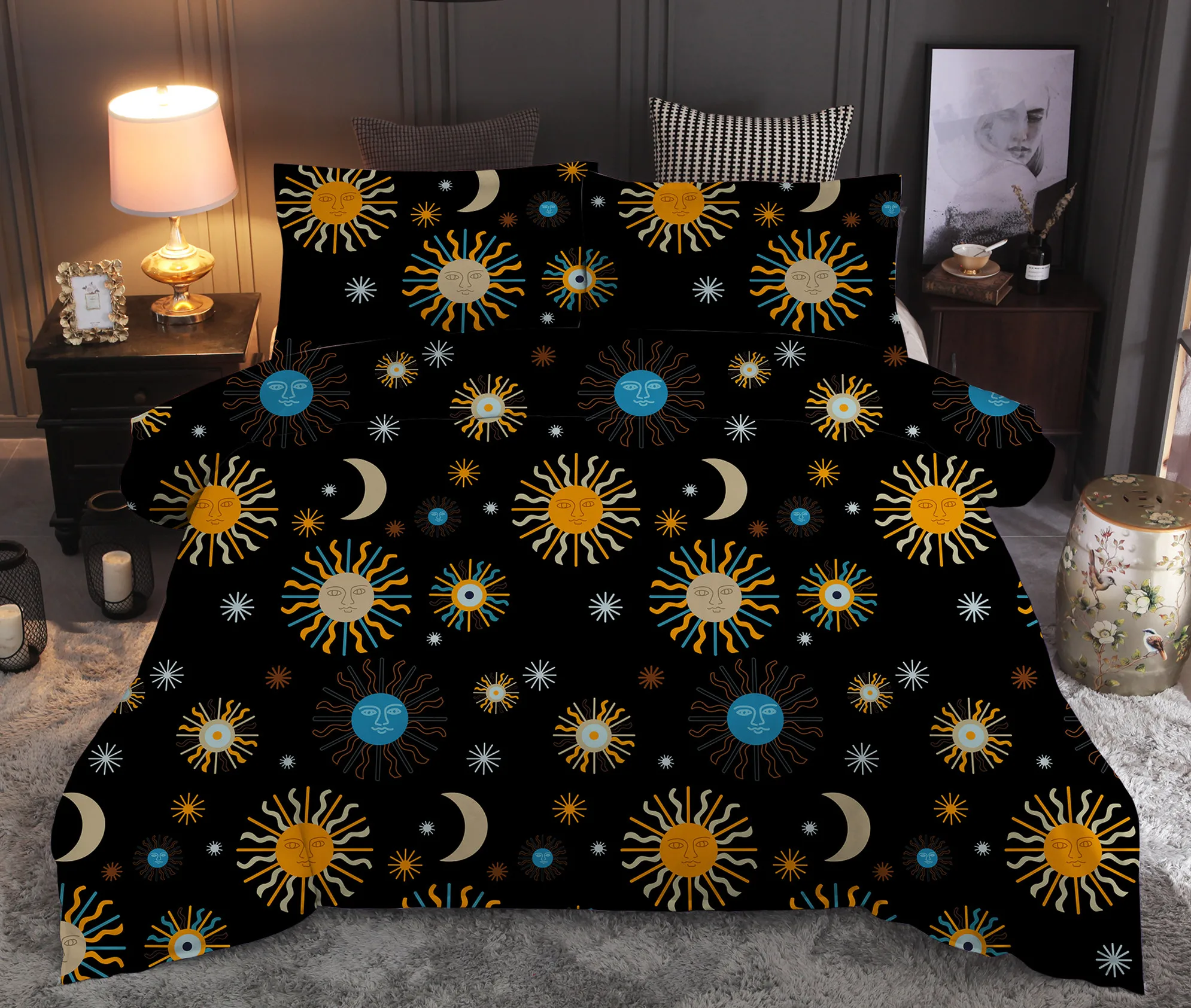 

Galaxy Sun Moon Printed Bedding Set Duvet Cover Sets Queen King Quilt Cover Bed Linen