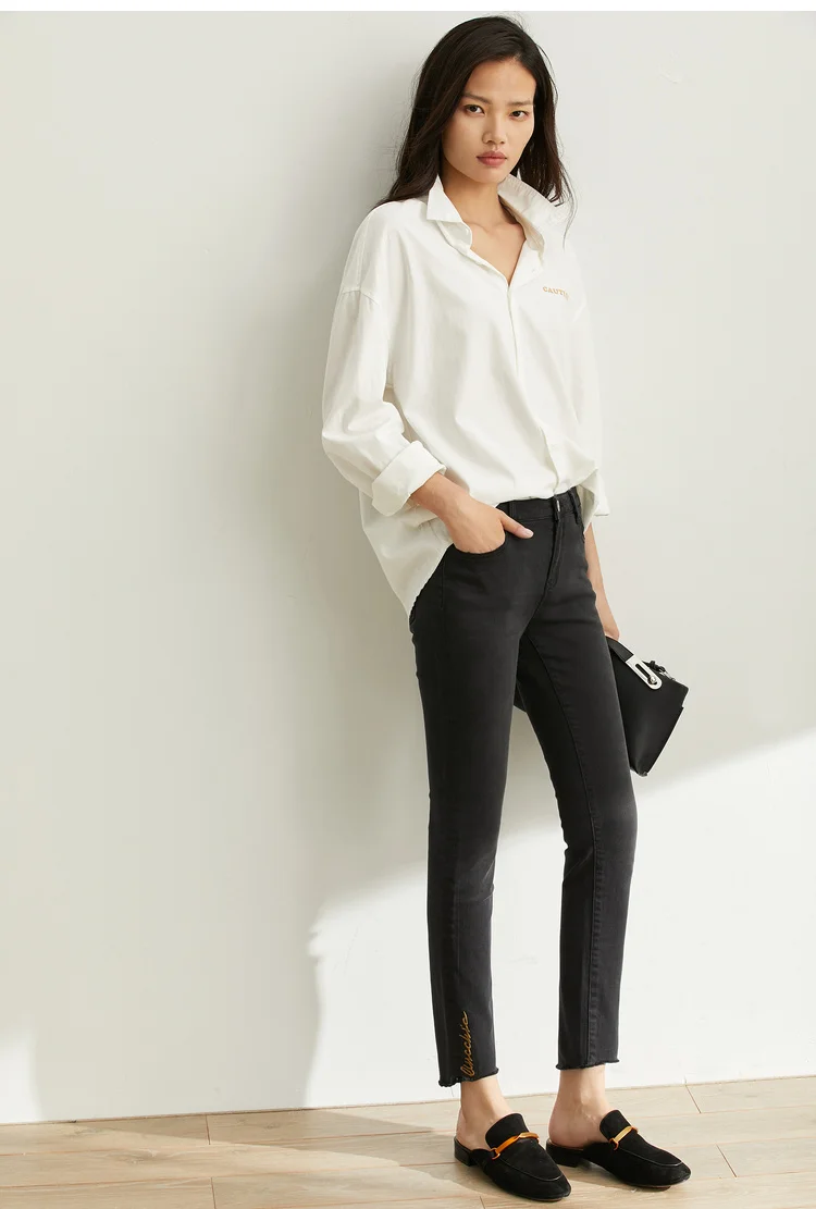Amii минималистичные европейские черные джинсы женские осенние новые маленькие брюки девять минут вышитые узкие брюки