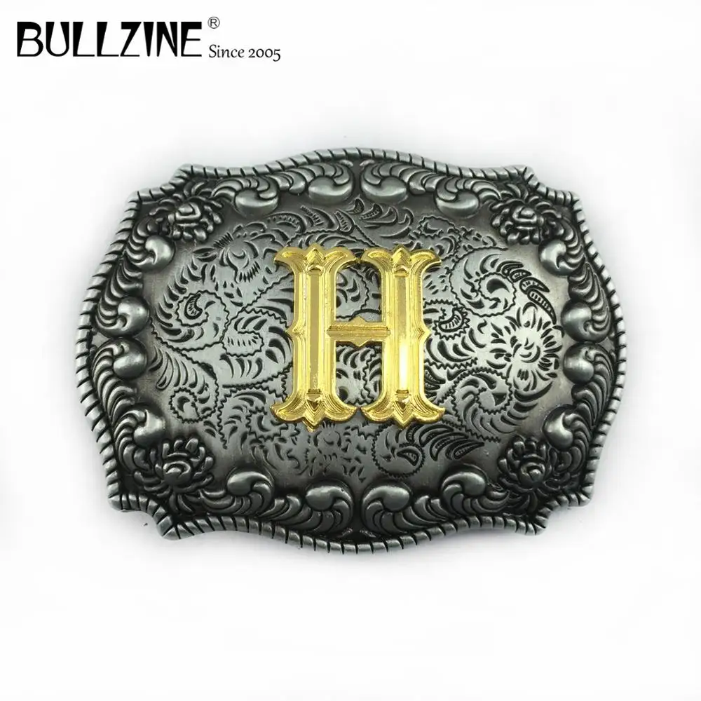 Пряжка ремня Bullzine с буквой H оловянной и золотистой отделкой FP-03687-H подходит для