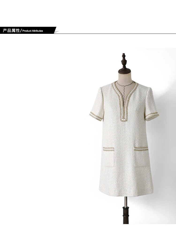 New show thin texture patch pocket only beautiful white little sweet wind V collar heavy industry dress with short sleeves