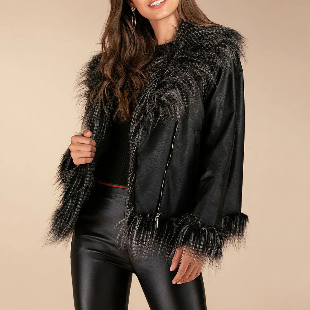 Осенняя Женская куртка из искусственной кожи с меховым воротником, женская черная мотоциклетная Байкерская крутая верхняя одежда, короткая Готическая куртка из искусственной кожи