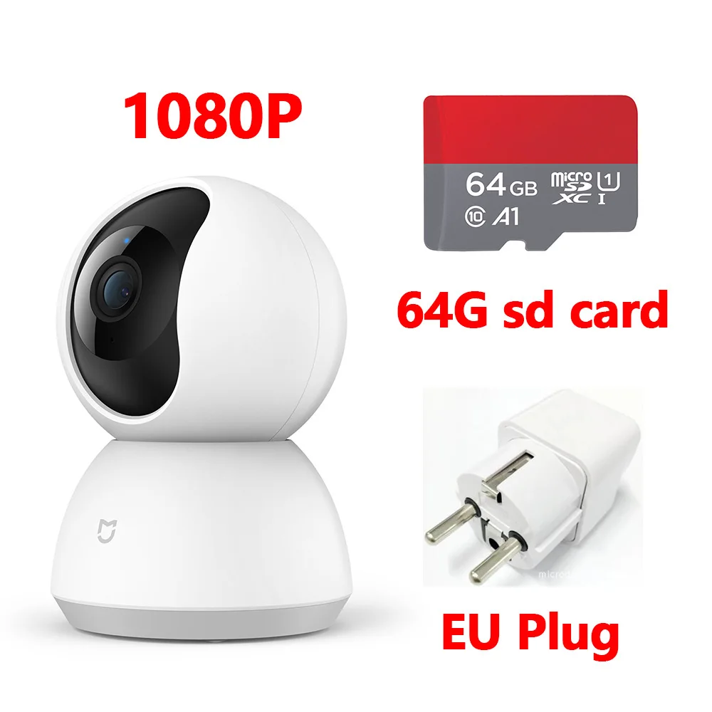 64G Card-EUPlug Смарт-Камера Xiaomi Mijia, умная веб-камера 1080 P, Wi-Fi, панорамирование, ночное видение, 360 угол обзора, видеокамера, детский монитор, домашняя камера безопасности - Цветной: 64G Card-EUPlug