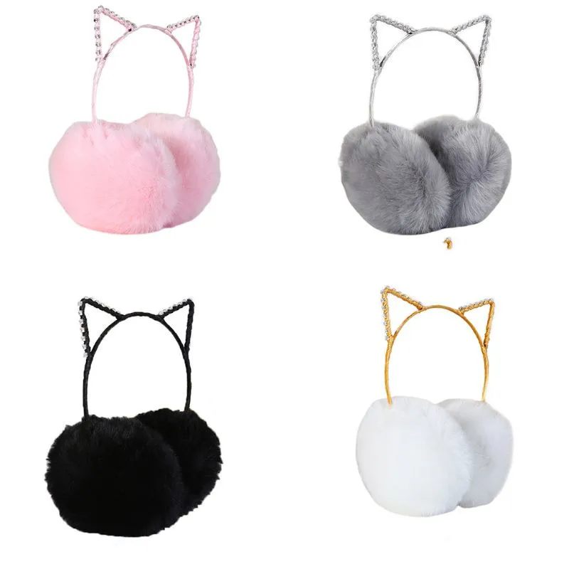 

Women Girls Winter Thicken Plush Earmuffs Cute Rhinestone Cat Ears Headband Elastic Ear Warmer Birthday Cosplay Party Headwear
