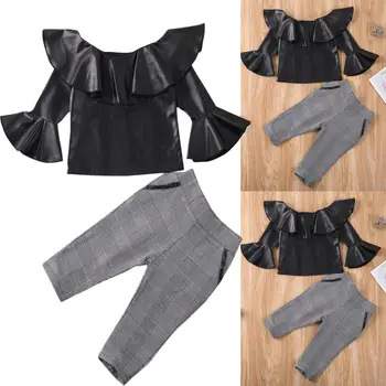 

2020 Toddler Baby Girl 2PCS autumn Clothes Flared sleeve black Off Shoulder T shirt Ruffle Tops Plaid Pants Party Outfits Set
