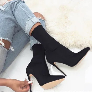 

SunNY Everest 2020 Spring Autumn Plus Size Women Shoes Elastic Cloth Pointed Toe Thin Heels Mid Boots Black Pink Size 35-43