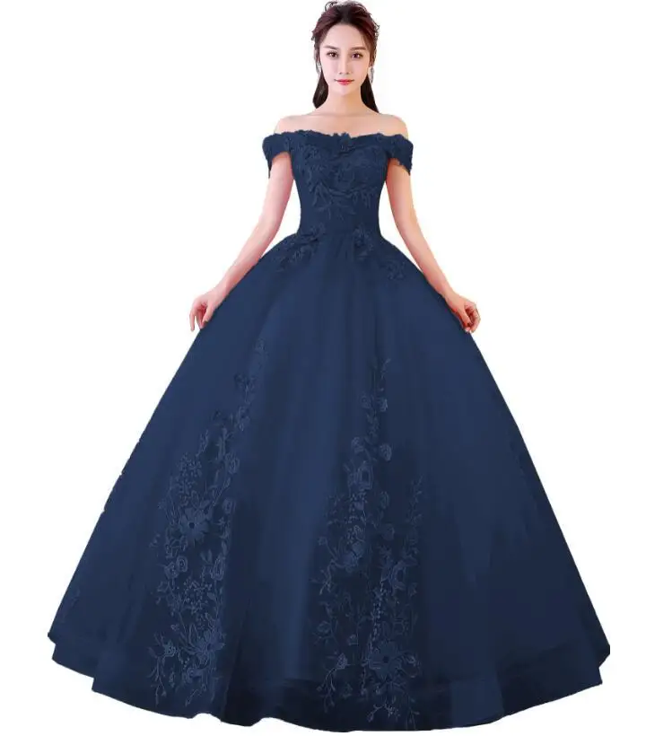 Navy Blue Розовые бальные платья Милая Тюль с кружевным жемчугом Vestidos De 15 Anos сладкий 16 платья Бальные вниз платья выпускного вечера - Цвет: Navy Blue