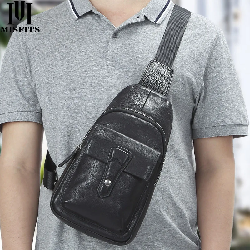 

MISFITS Men's Genuine Leather Shoulder Chest Bag Cell Phone Pocket Anti-theft Large Capacity Waterproof travel Crossbody bag