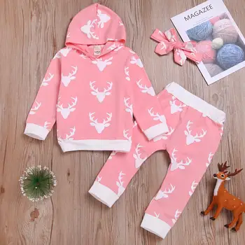 

3pcs Baby Kid Clothes Set Girl Cotton Elk Printing Xmas Hooded Hoodies Long Sleeve Tops Breathable Soft Surface Pants Hairband