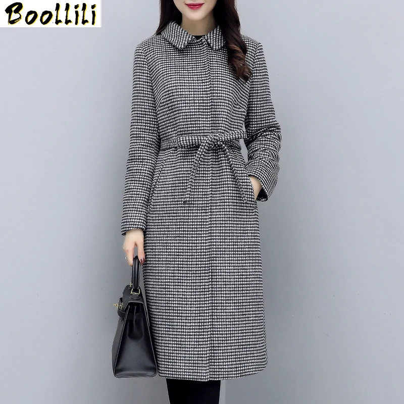 

Boollili 2020 New Spring Autumn Wool Coat Women Long Plaid Houndstooth Woolen Female Jacket Elegant Womens Coats Sobretudo