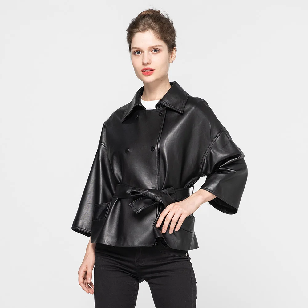 Новые Модные Куртки из натуральной овчины короткие стильные женские Куртки из натуральной кожи пояс S9031 - Цвет: Black