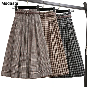 

Plus Size 3XL Autumn Winter Women Woolen Skirts Plaid Mid Skirts 2019 New Casual Loose Ladies Office Skirts Elastic Waist Sashes