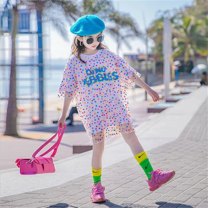 Fashion Teens Kids Dresses Dot Print Mesh Princess Girls Summer