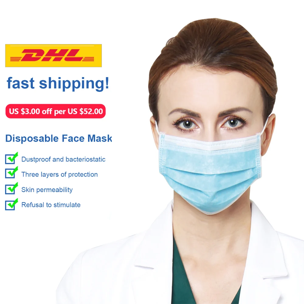 

50PCS Disposable Anti Virus Face Masks 3-ply Safely Mouth Mask PM2.5 Apply To Adult Dust Filter Masque Ace Mask
