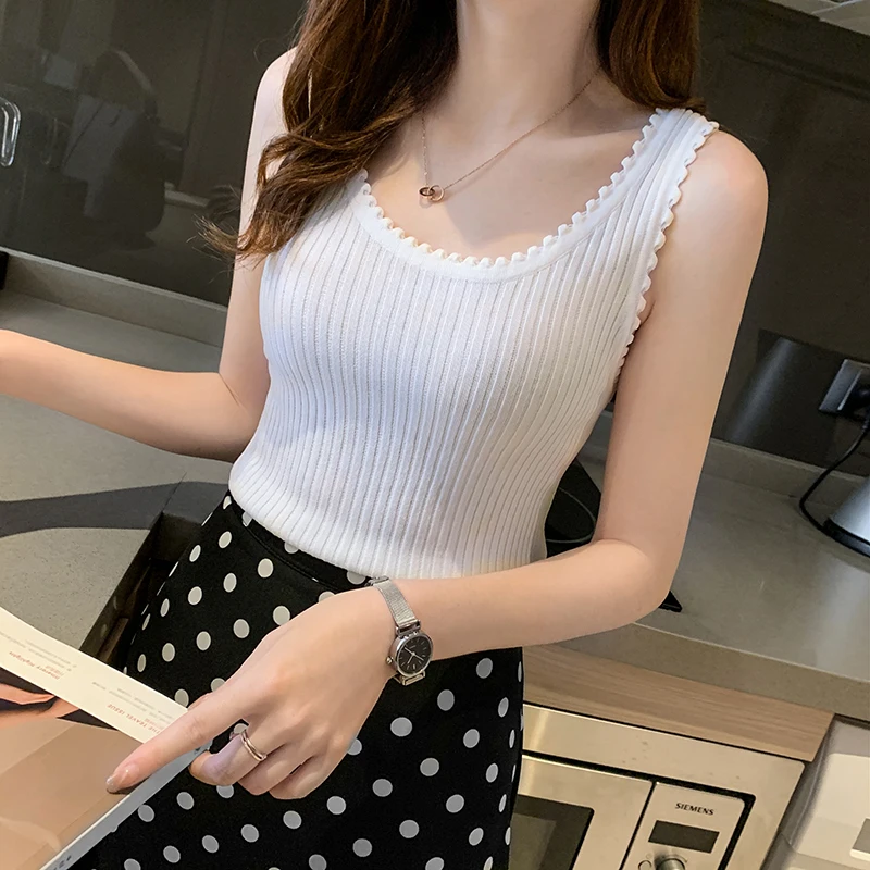 Ice Silk трикотажные женские короткие летние Майки Топы сплошной цвет Тонкий жилет женская нижняя рубашка пуловер Топ женский AN152