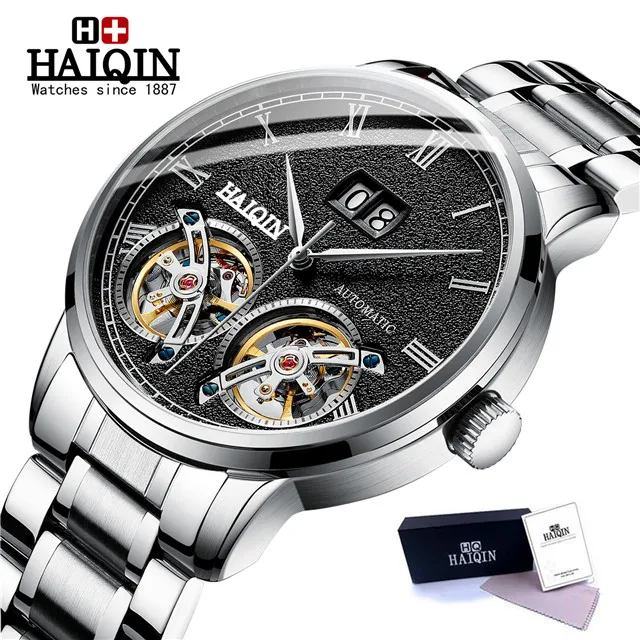 Silver black HAIQIN, Топ бренд, мужские часы, автоматические механические, роскошный подарок, деловые часы, мужские, двойные Tourbillon, 50 м, водонепроницаемые мужские наручные часы - Цвет: Silver black