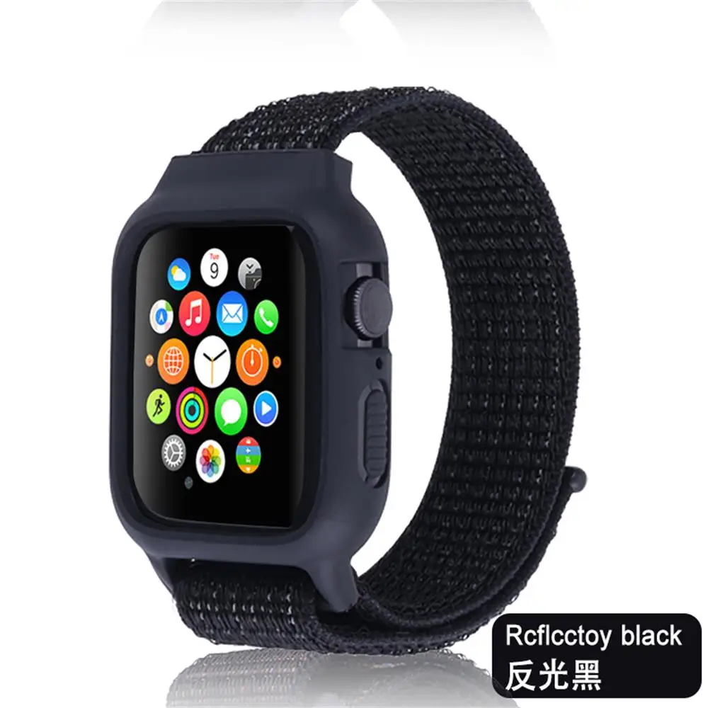 Reflcctoy black Чехол+ ремешок для apple watch 5 ремешок 44 мм 40 мм iwatch ремешок 42 мм 38 мм pulseira correa apple watch 5 4 3 нейлоновый браслет+ силиконовый чехол - Цвет ремешка: Reflcctoy black