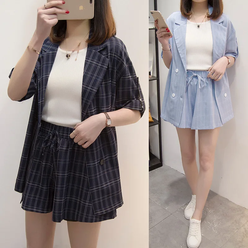 

2019 Spring Clothing New Style Large Size Plus-sized Womenswear Size Loose-Fit Plaid Tops Pine jin yao Lace-up Wide-Leg Shorts T
