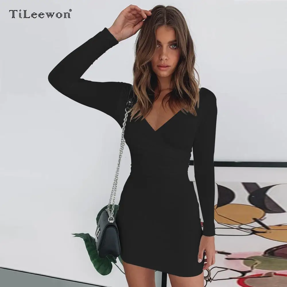 

2019 New Sexy Women Summer Casual Bodycon Hollow Out V Collal Long Sleeve Hollow Out Dress Vestidos Volantes Backless Robe Femme