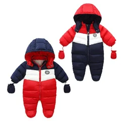 Combinaison de Ski d'hiver pour garçons et filles, à capuche, chaussettes, fermeture éclair, doudoune + gants 