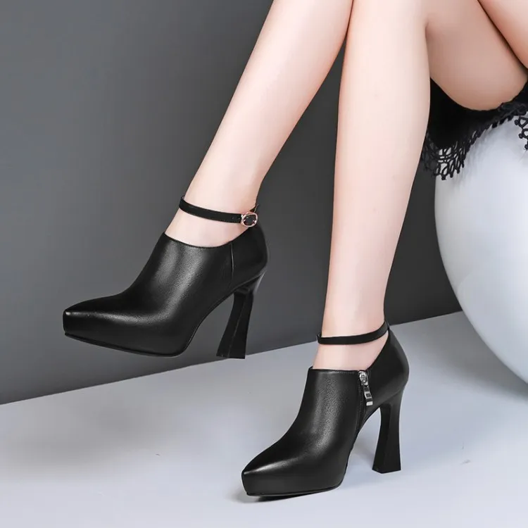 

Autumn New Style Europe And America Fashion Models Deep Mouth Pointed-Toe Waterproof Platform A- line Buckle Solid Color Simple