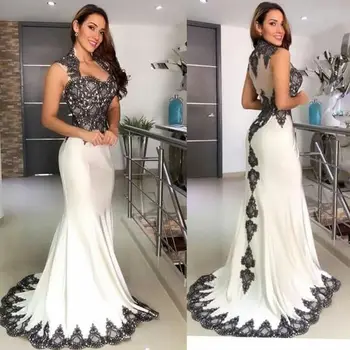 

White Satin With Black Lace Evening Dresses Mermaid Long Prom Party Gowns Sweetheart Sheer Back vestido de festa