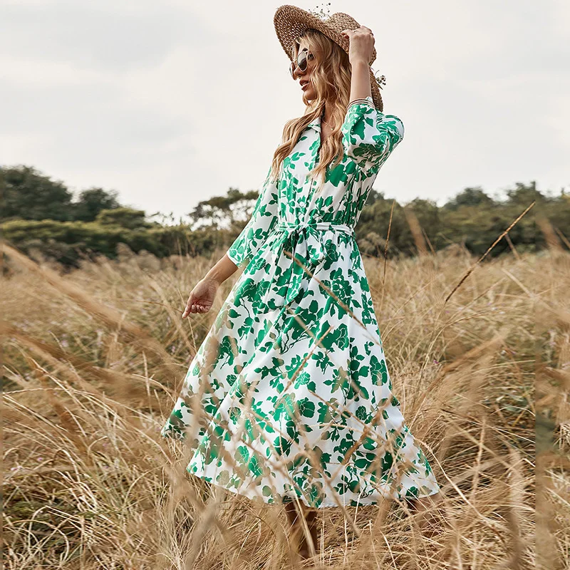 Spring Summer 2022 New Women's Dress Bandage Waist Closing Seven Sleeve Skirt Green Printed Fashion Best Temperament Sweet | Женская