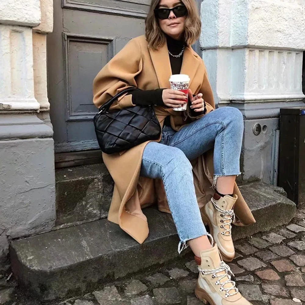 Womens Trench Coats with Belt Camel Long Coat Pleated Puff Sleeve Windbreaker Vintage Elegant Outwear Thick Woolen Winter Coat