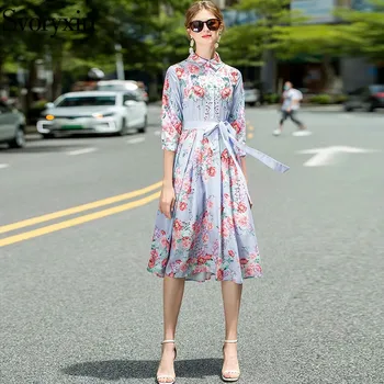 

Svoryxiu Fashion Runway Autumn Party Midi Dresses Women's Elegant 3/4 Sleeve Flower Print Purple Gorgeous Dress Vestdios