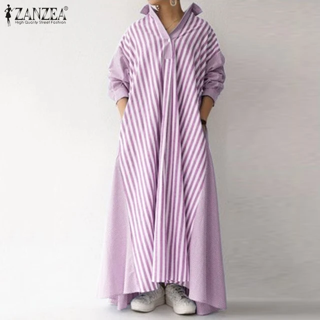 Elegant Lapel Robe Women's Autumn Sundress ZANZEA 2021 Casual Long Sleeve Maxi Vestidos Female Striped Shirt Dress   5