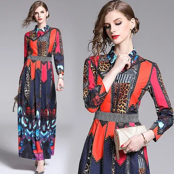 

2020 Spring Summer Fall Runway Vintage Leopard Print Tunic Party Long Sleeve High Waist Women Ladies Casual A-Line Maxi Dress