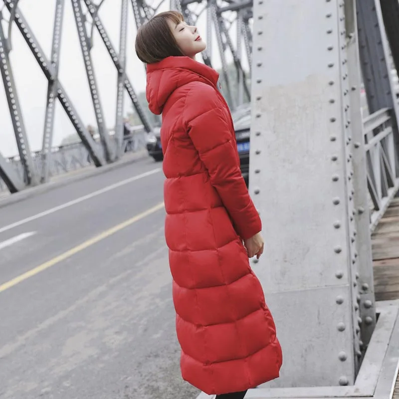 M-6XL, зимняя куртка, Женская длинная парка, с капюшоном, повседневная, тонкая, для женщин, зимние пальто и дутая куртка, стеганая верхняя одежда, длинное пальто, парки - Цвет: Red