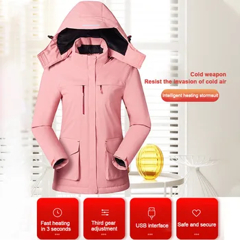 

Outdoor Sports Skiing Waterproof Thermal Hooded Windproof Women Heated Winter Jacket Keep Warm Usb Infrared Fishing Solid