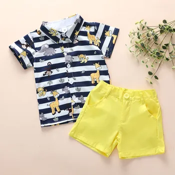 

Toddler Baby Boys Short Sleeve Striped Cartoon Print Shirt+ Solid Shorts Outfits vetement enfant fille toddler clothes W101