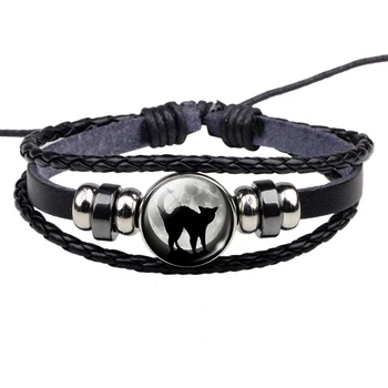 Black Cat Rope Bracelet Gothic Full Moon Jewelry Weave Multilayer Leather Bracelet Bangle Men Women Fashion Accessories
