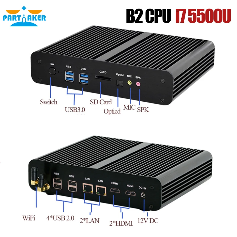 Мини компьютер без вентилятора Core i3 4005U/5005U/i5 4200U/i3 5200U/i3 6157U/i3 7167U мини с HD портом VGA 4 *