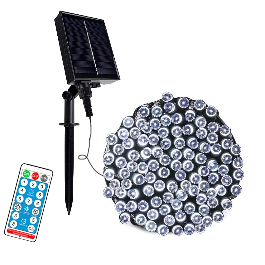 Guirnalda de luces navideñas solares para exteriores, resistente al agua, con temporizador remoto de 8 modos, lámpara parpadeante de 10, 20, 30, 50 y 100 m, para patio, jardín, fiesta, decoración