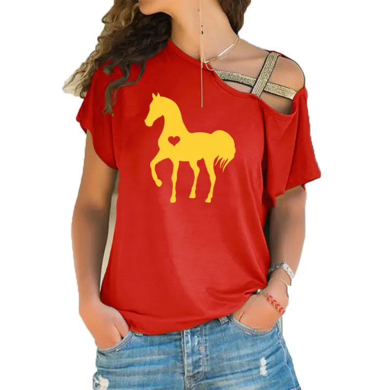 Футболка с изображением лошади в виде сердца; футболка с изображением лошади; подарок для влюбленных в лошадь; подарки для конного спорта; одежда для дня рождения; необычные футболки с перекрестной повязкой - Цвет: 15