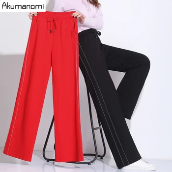

2019 Ladies Winter Autumn Black Red Wide Leg Full Pants Plus Size 4xl Elastic Waist Pocket Trousers Side Stripe Women's Pants