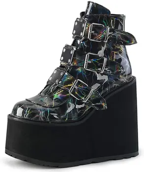 

Winter 2020 Metal Buckle Ankel Boots Women Punk Female Platform Boots Wedges High Heels PU Women Boots Botas Mujer Plus Size