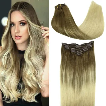 

Clip In Human Hair Extensions Remy Hair Natural Black to Light Brown Honey Blonde Ombre Straight Hair Extensions 20 Inch 120g