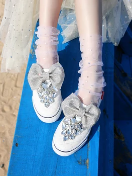 

Women's Casual Shoes with Women's Thin Shoes Crystal Net Red and Skirt Bow Low-Cut Flat Canvas Shoes