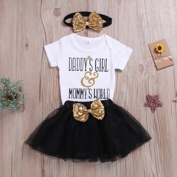 

ubranka dla niemowlat Kids Baby Girl Letter Printed Romper Tulle Bow Sequins Skirt Hair Band Outfit baby clothes set